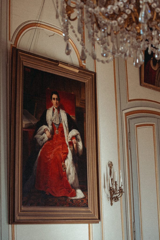 Oil painting hanging on the wall of the wedding venue Chateau de Champlatreux in France. 