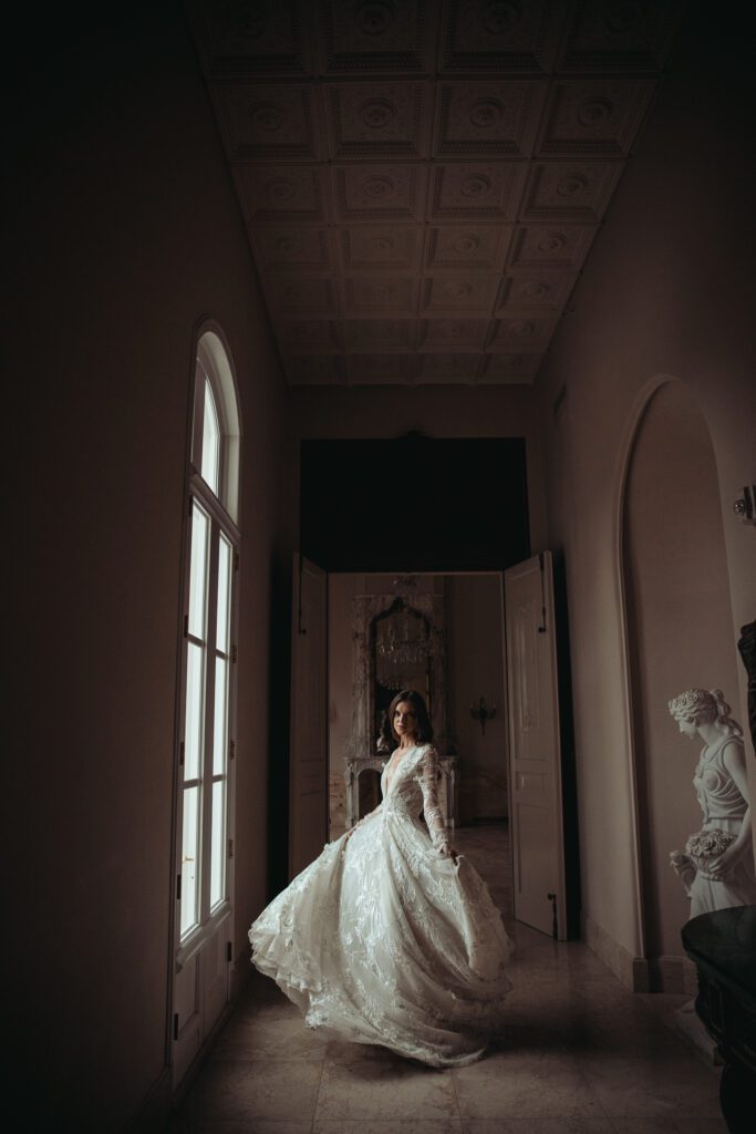 Bride twirling inside of Chateau Nouvelle 