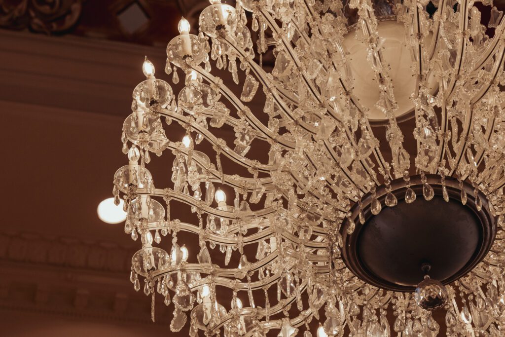 Close up of a chandelier in Chateau Nouvelle. 