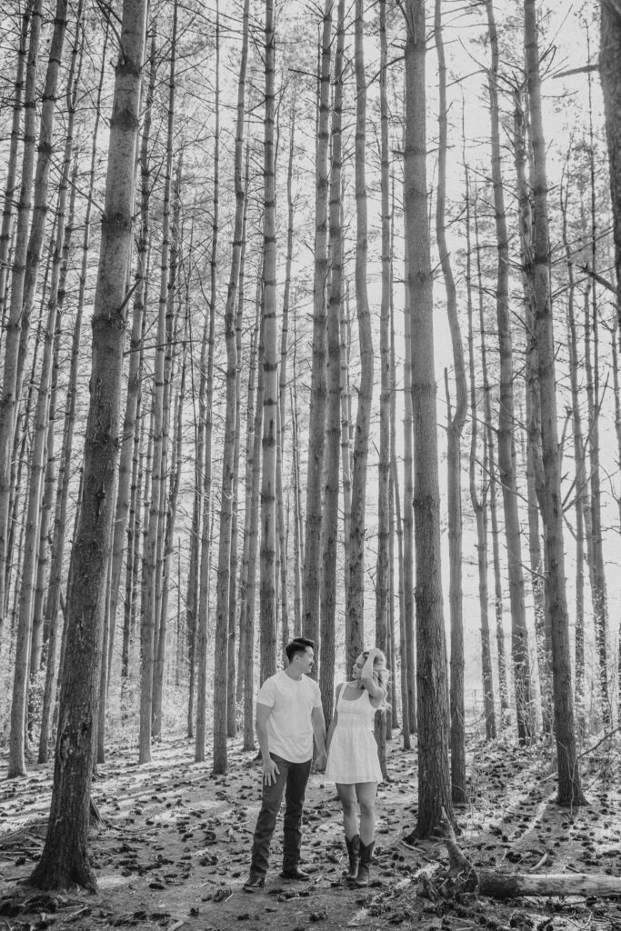 Happy engaged couple amidst tall pines in Columbus, Ohio, capturing their love in a serene forest setting during their engagement shoot.